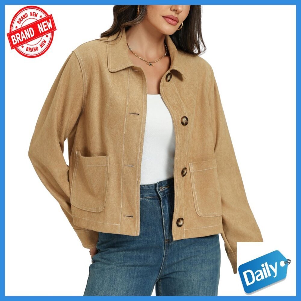 Faux Suede Cropped Bomber Jacket Button Down Long Sleeve Casual Outerwear